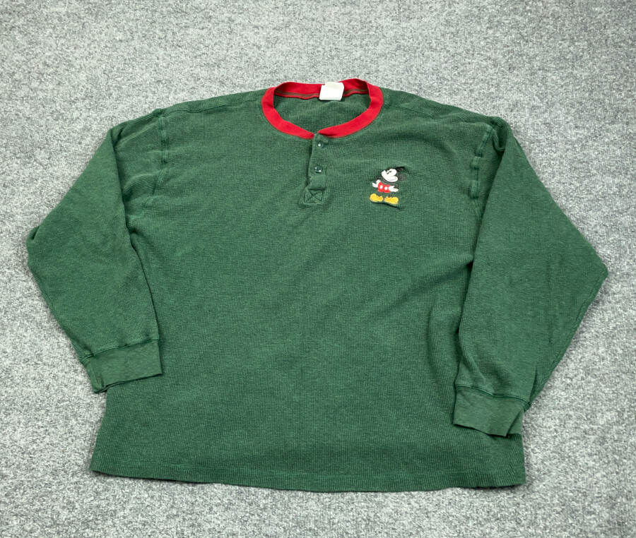 VTG Disney Store Mickey Mouse Green Embroidered Henley T-Shirt Adult XL Thermal
