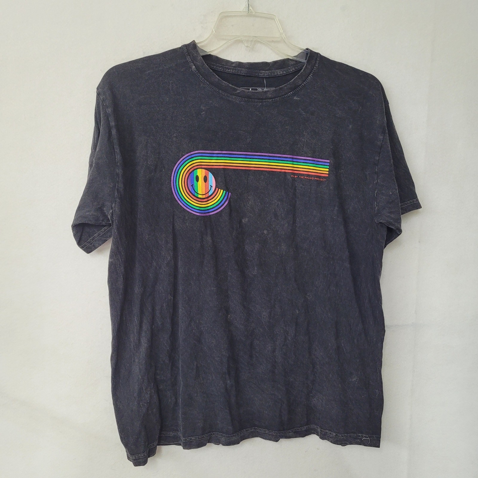Phluid Project Graphic T Shirt Smiley Face Rainbow Unisex L Black Mineral Wash