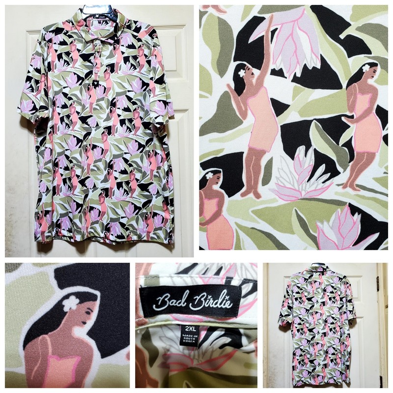 Bad Birdie Polo Shirt Mens 2XL Green Hula Girl Floral Tropical Golf AOP GTSS22F2