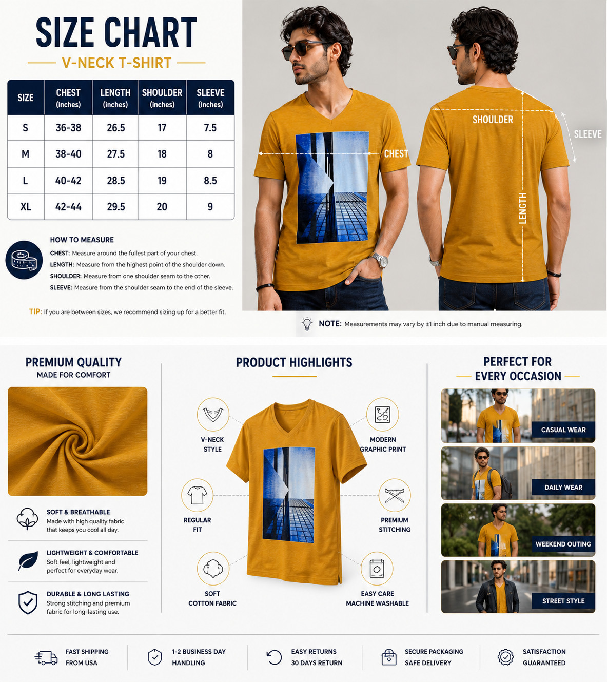 Mustard Yellow V-Neck T-Shirt Graphic Print Modern Everyday Wear- Size- L gallery