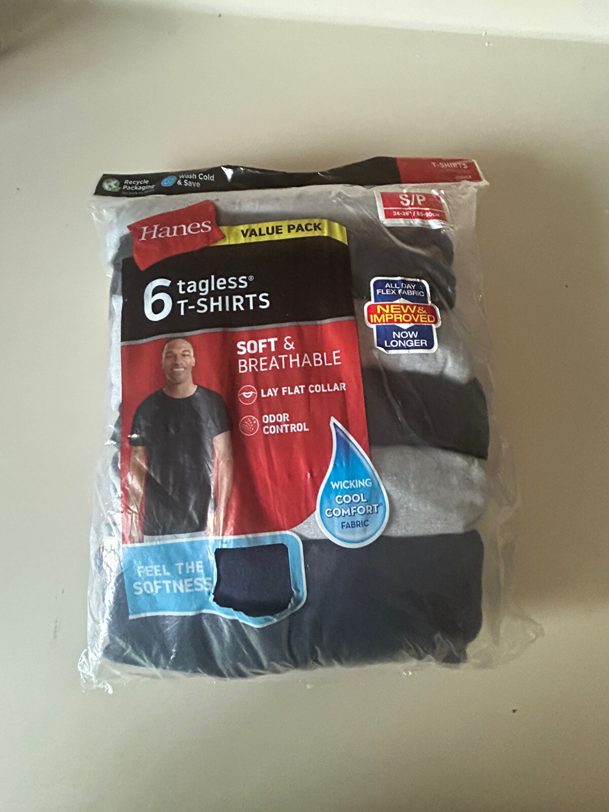 Hanes Tagless T-Shirts Crew Neck Black Blue Gray Size Small PetiteI Bag 6 Count