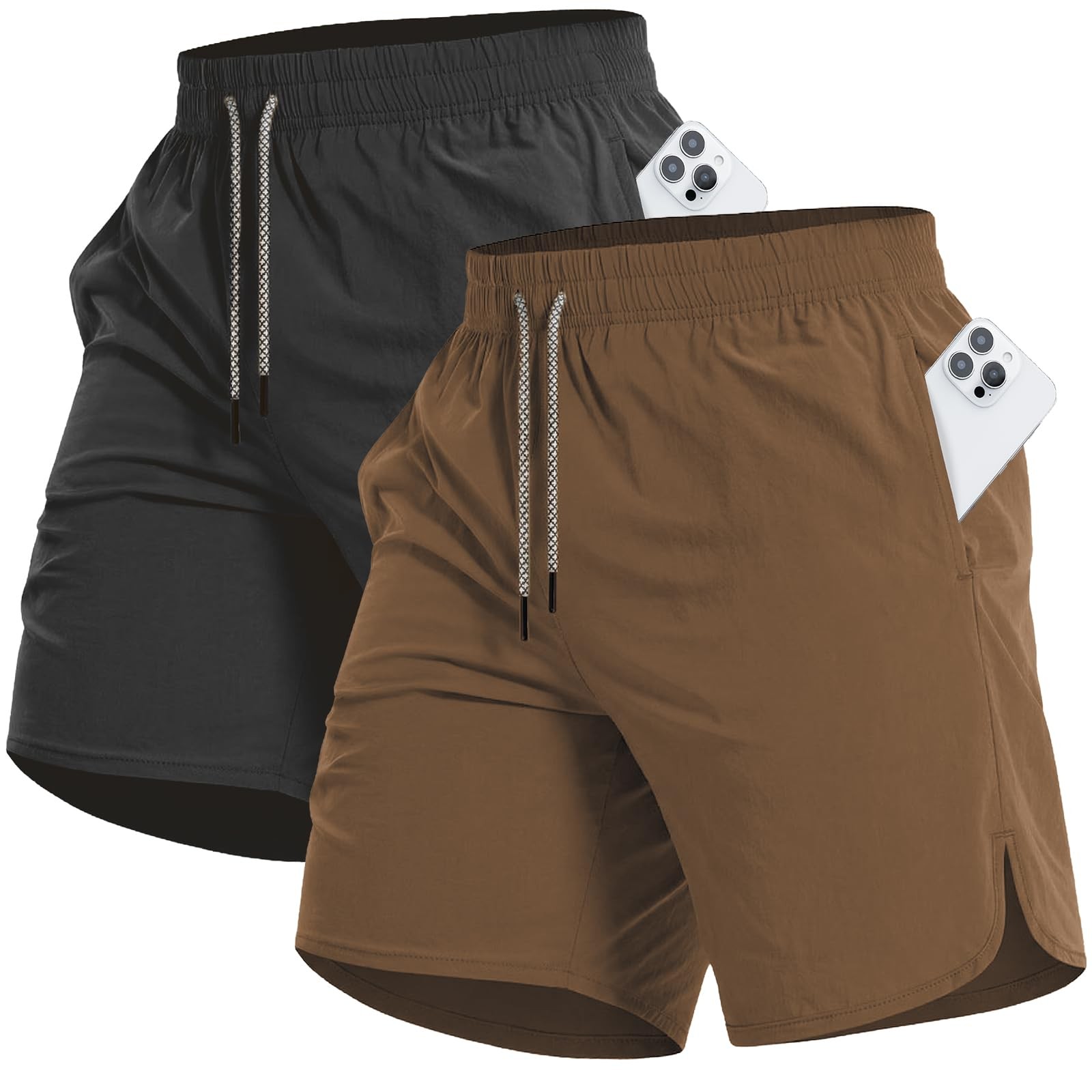 CANGHPGIN 2 Pack Men’s Running Athletic Shorts 7” X-Large, Coffee/Black