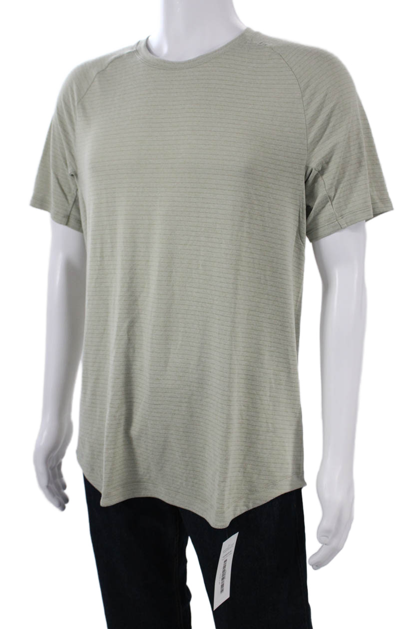 Lululemon Mens Beige Striped Nylon Blend Crewneck Short Sleeve T-Shirt Size M gallery