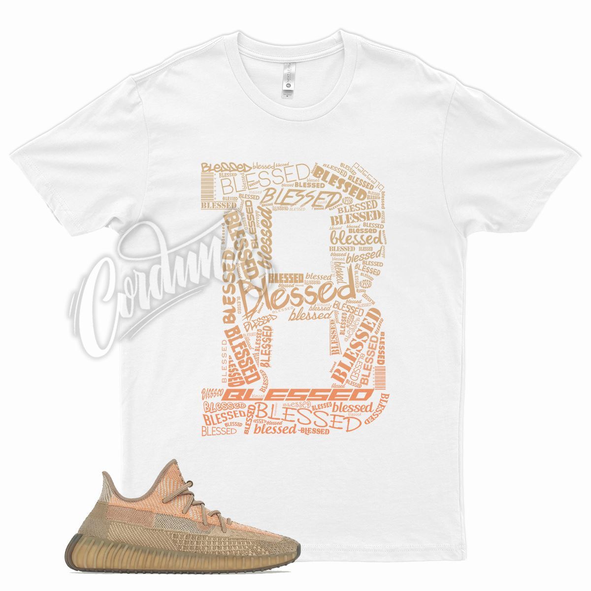 White BE BLESSED T Shirt for YZ 350 V2 Sand Taupe Desert Sand Ore Air Max 90