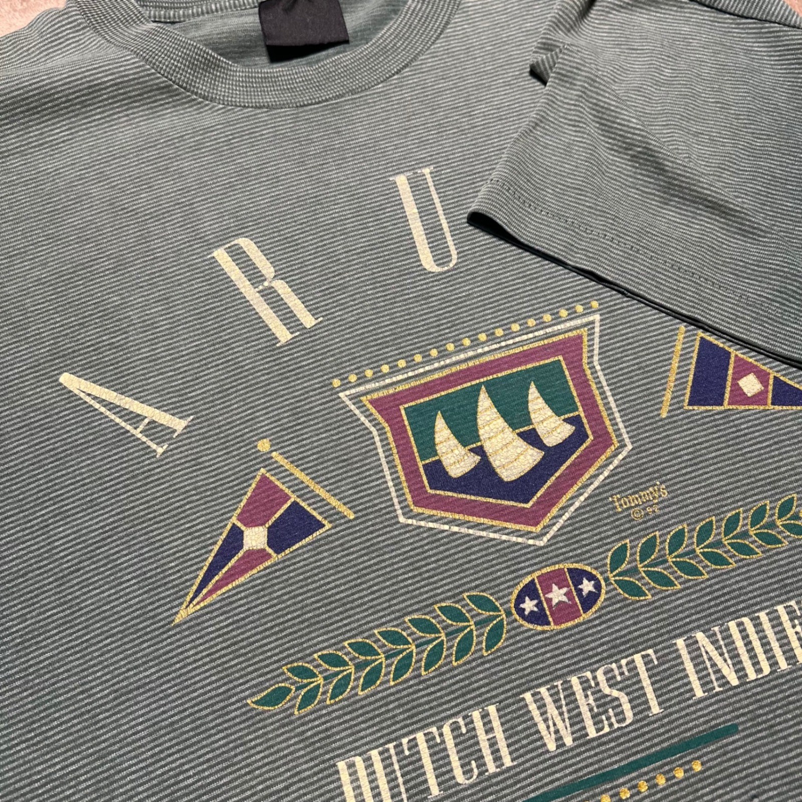 Vintage 1992 Aruba Dutch West Indies T Shirt Single Stitch Striped Green Mens L gallery