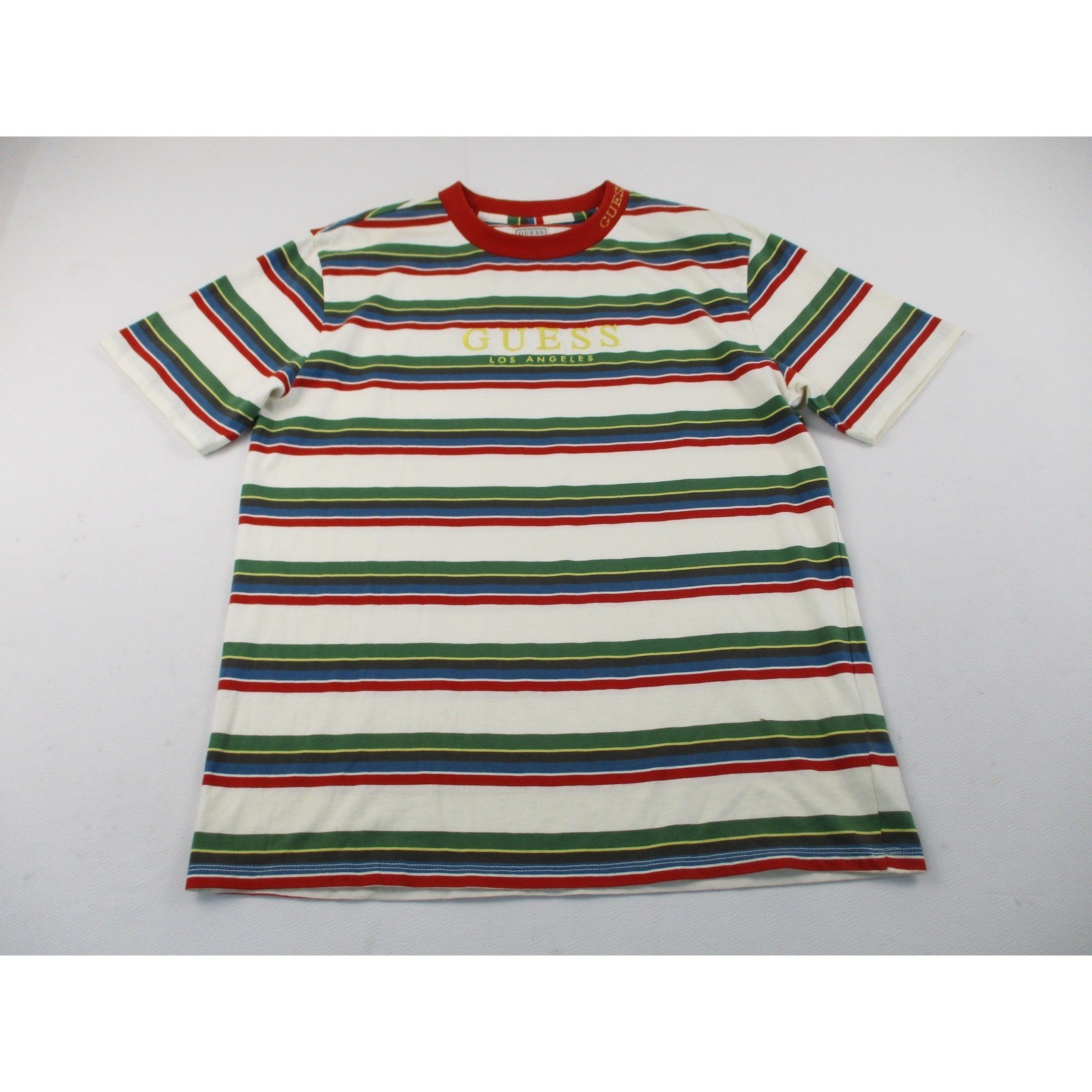 Guess Shirt Mens Medium White Multicolor Striped Embroidered Logo Retro Y2K