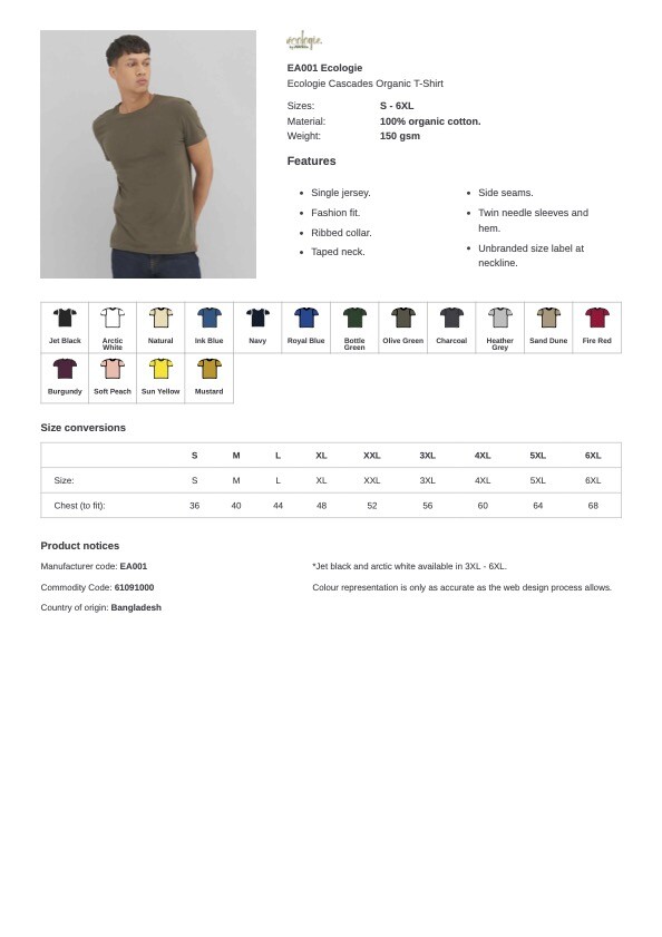 Ecologie Cascades 100% Organic Cotton T-Shirt 12+ Colours gallery
