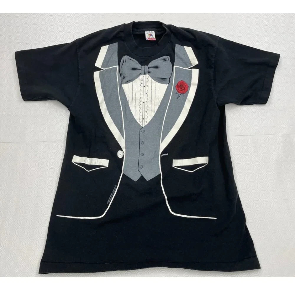 Vintage 1980s Fruit of the Loom Tuxedo Bowtie Graphic Formal Tee Shirt Men's L gallery
