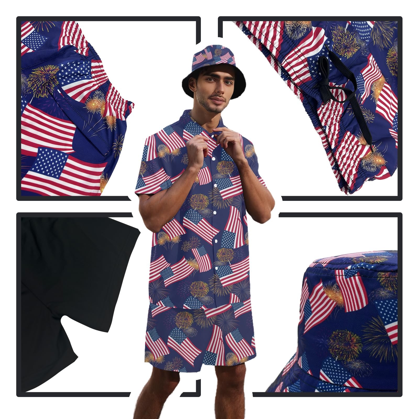 Men's American Flag Hawaiian Shirt and Short Set 2 Piece Patriotic USA Outfit... gallery