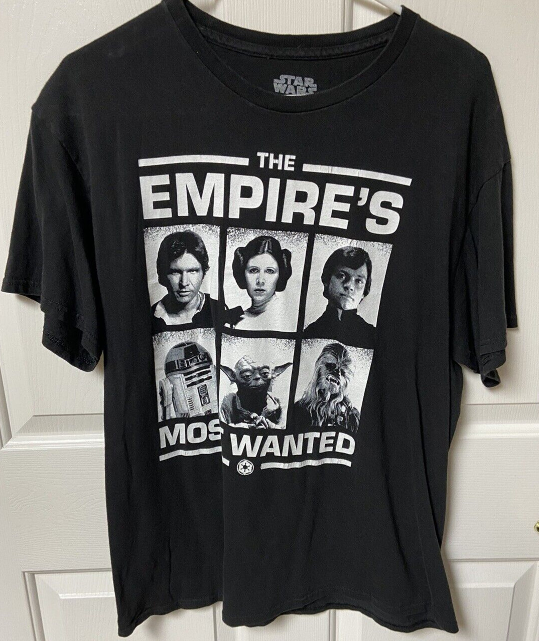 STAR WARS The Empires Most Wanted T-shirt Luke Leia Chewy Han R2 Yoda Sz L gallery