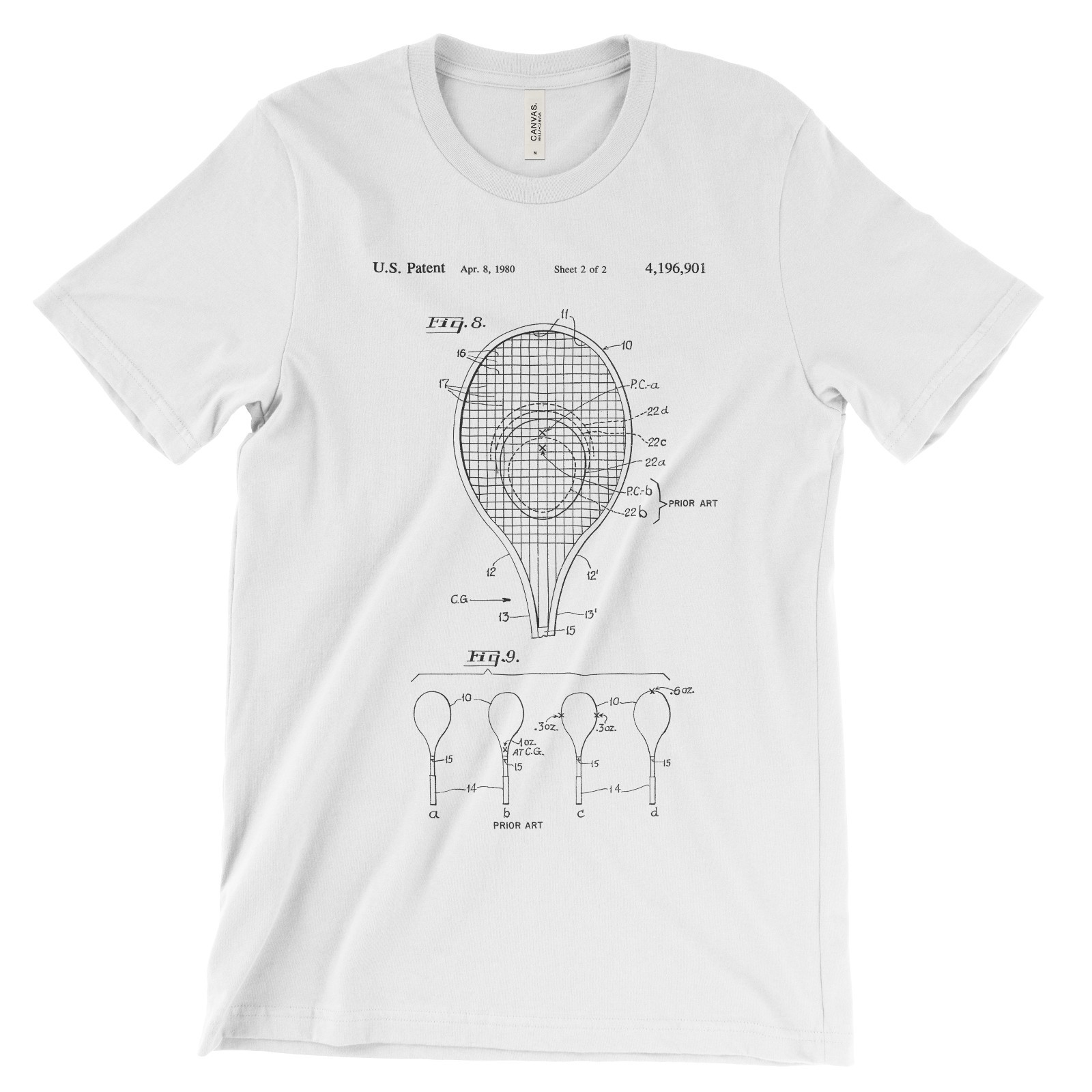 Tennis Racket Patent T-Shirt.100% Cotton Soft Comfy Tee on Black White or Gray gallery