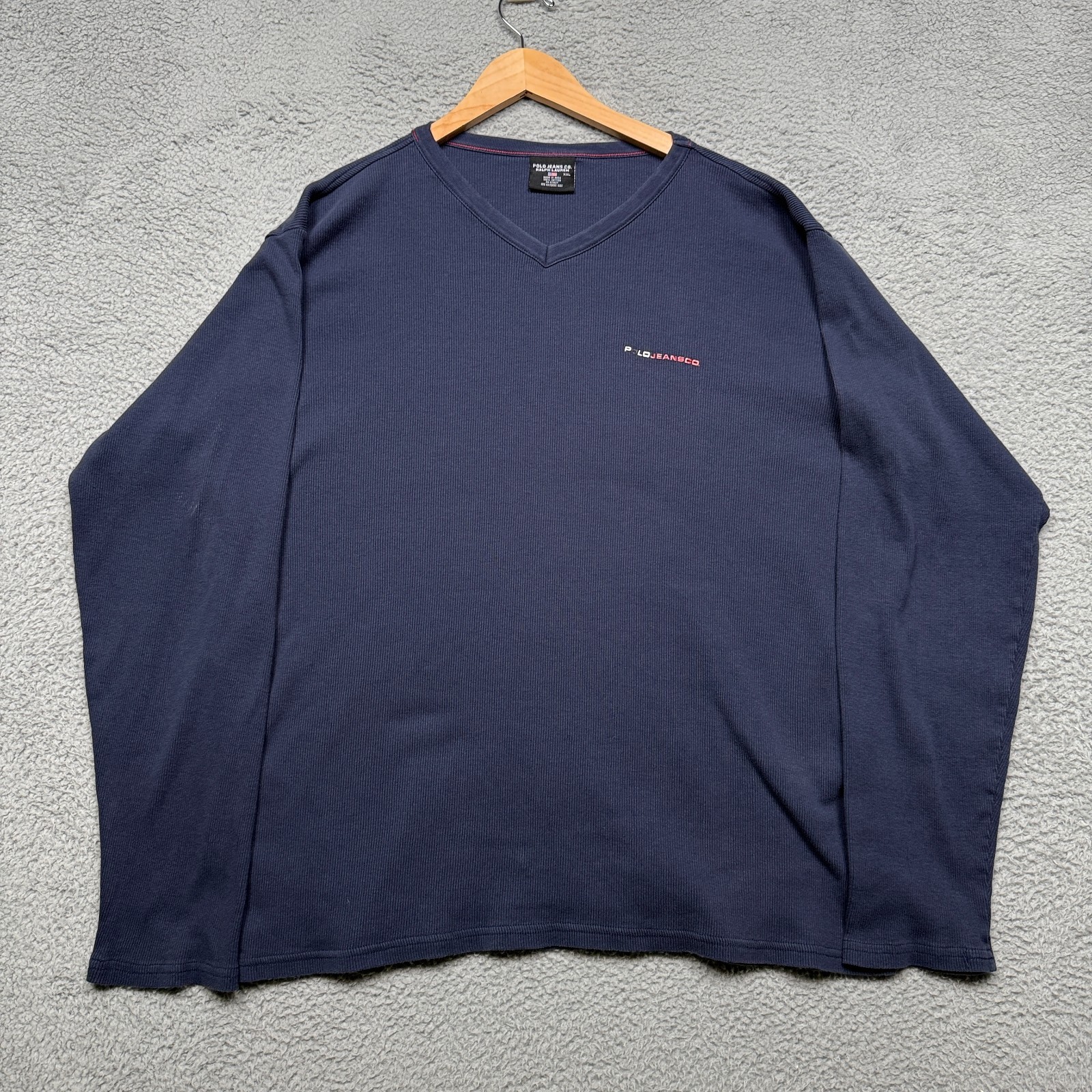 Polo Jeans Co Ralph Lauren T Shirt Mens 2XL Blue Long Sleeve V-Neck Y2K 90s