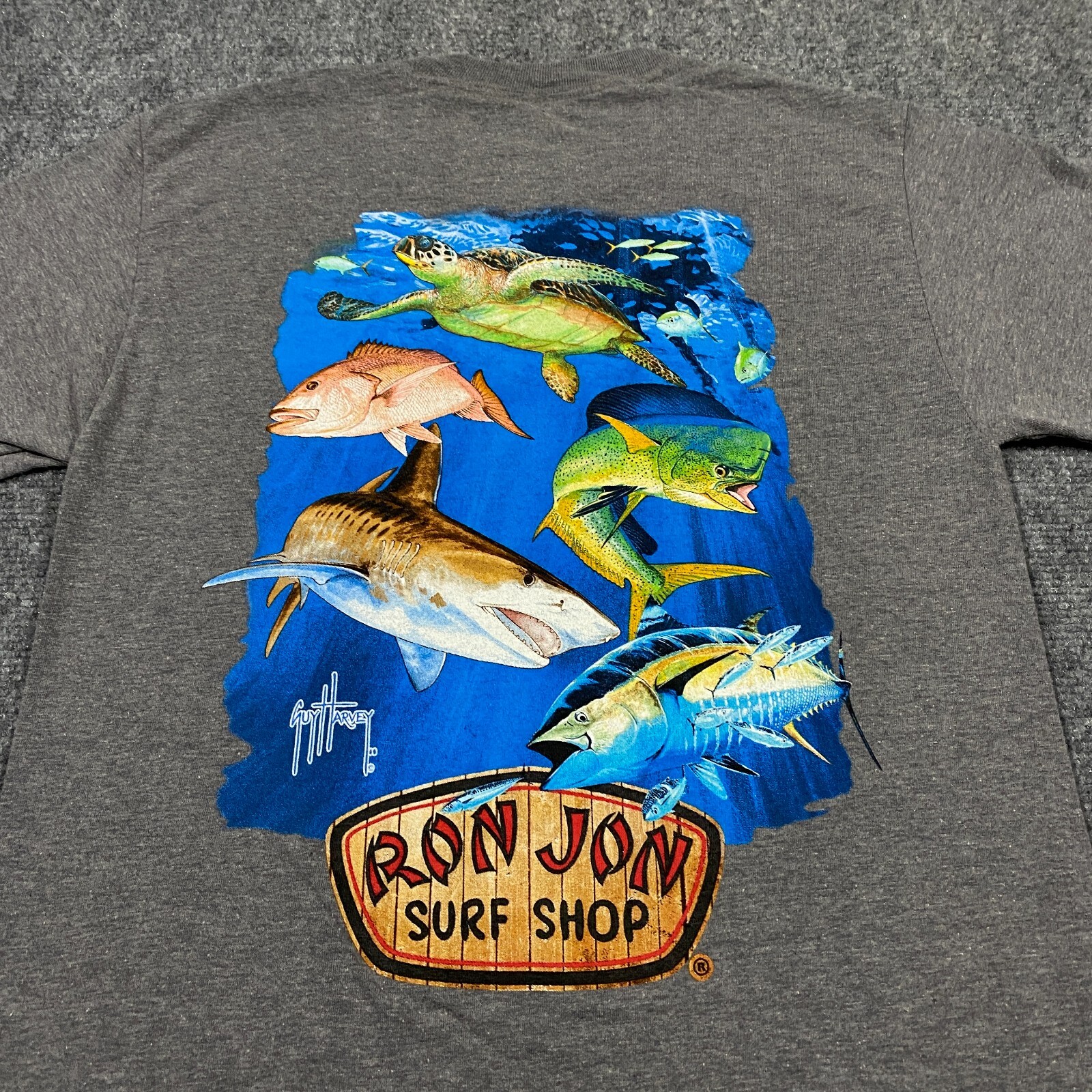 Guy Harvey Ron Jon Surf Shop Pocket Shirt Mens Small Gray Turtle Dolphin Shark gallery