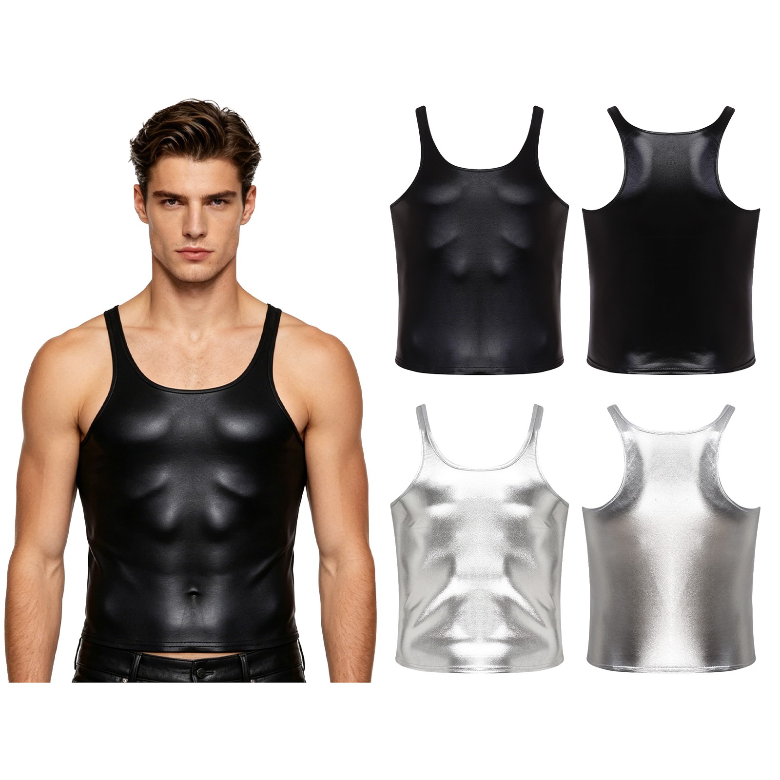Men Shirt Bodybuilding Vest Wet Look Tank Pvc Sports Athletic Disco Running Top gallery