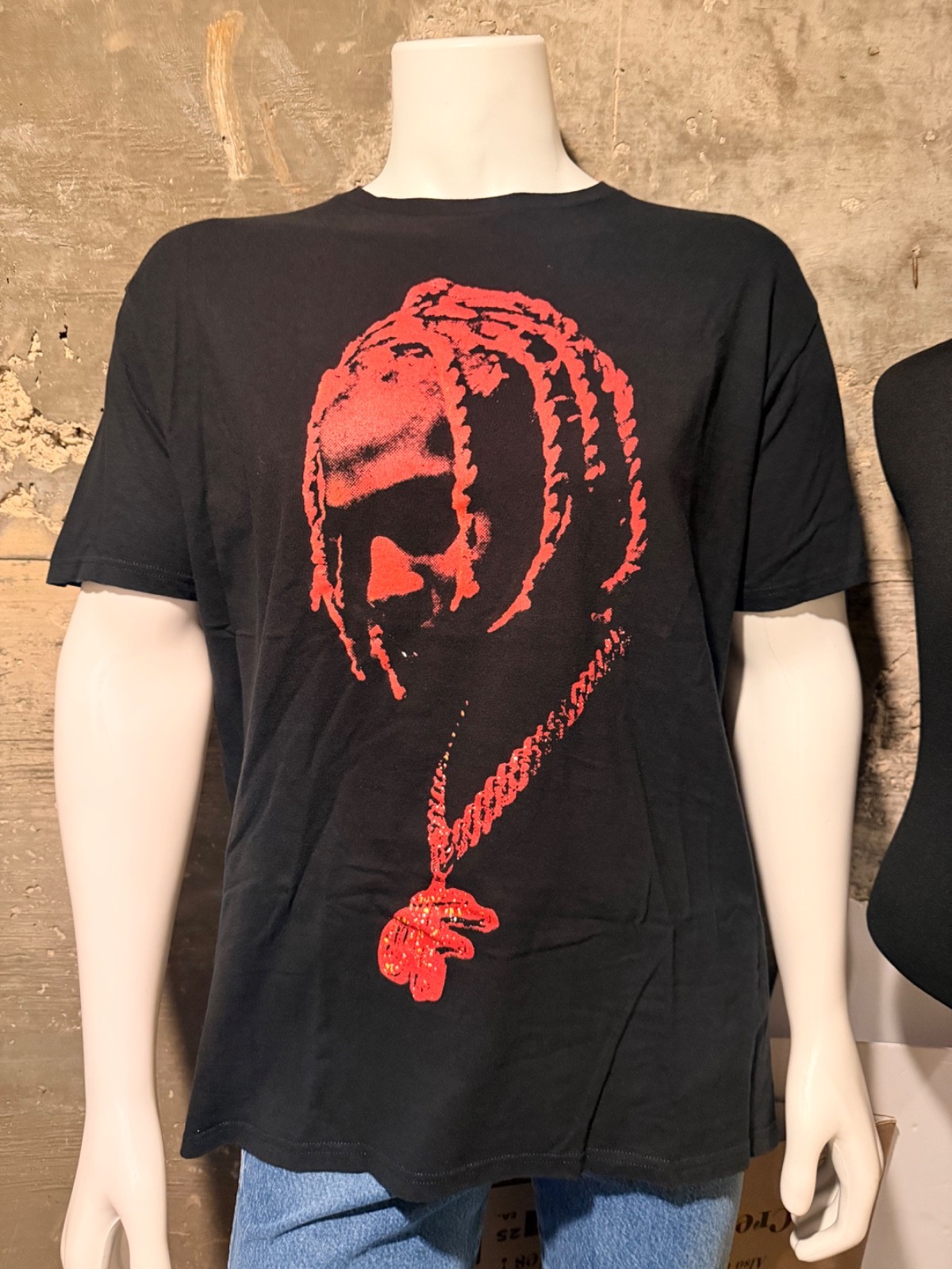 Men’s Lil Durk OTF Chain Hip Hop Short Sleeve Tee-Black/Red Print- Size X Large