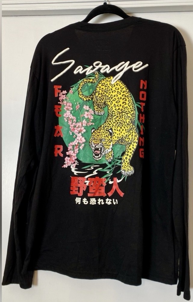 Fresh Laundry Savage Fear Nothing Long Sleeve Black Tee Shirt Leopard Graphic XL