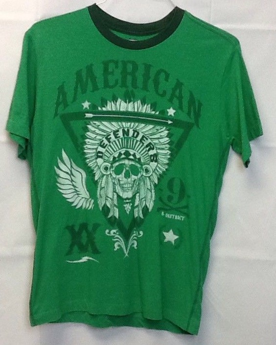 Skully Green American Defenders Front Graphic Short Sleeve T Shirt Mens Small*