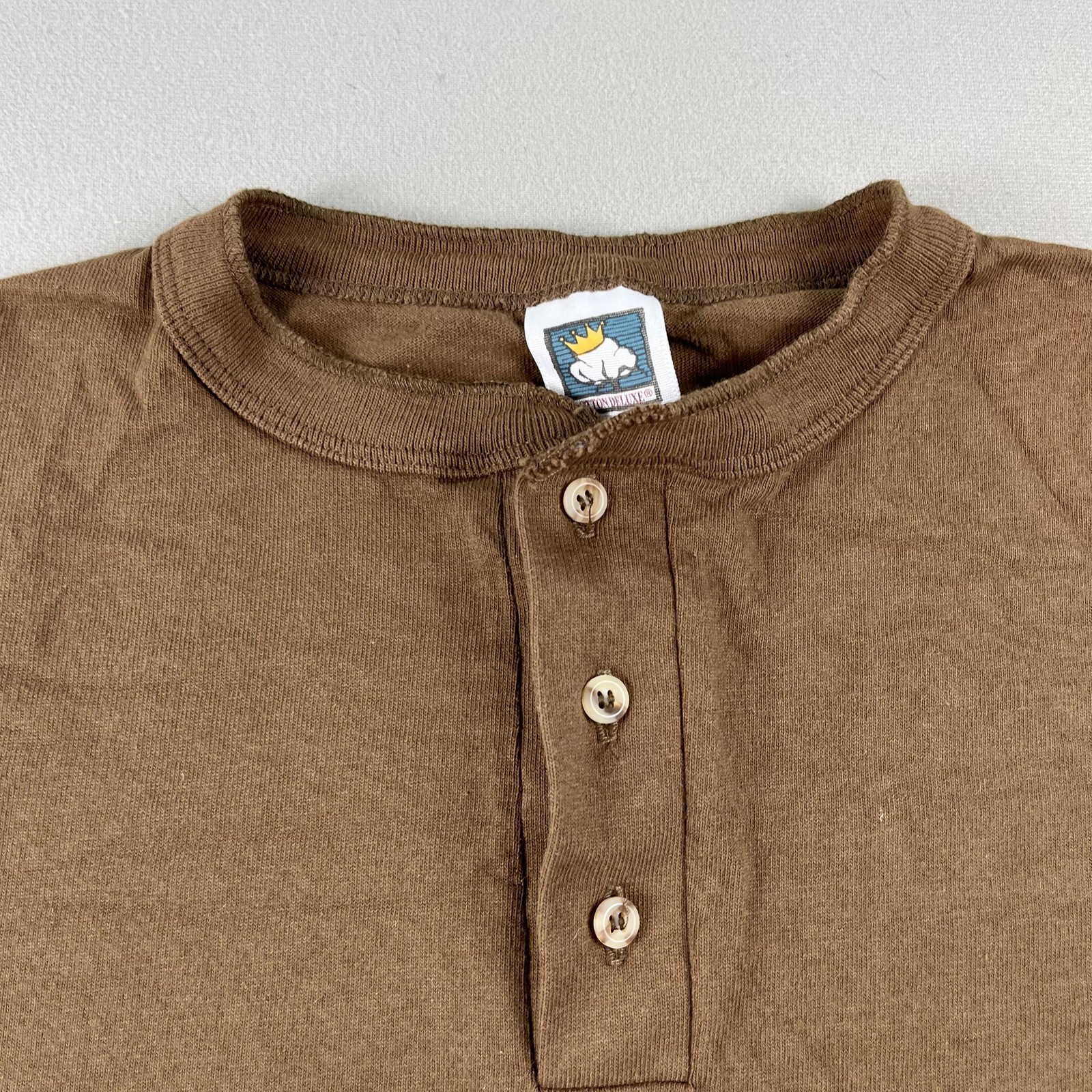 Vintage Brown T-Shirt Henley Mens Large Brown Blank Single Stitch Cotton USA 90s gallery