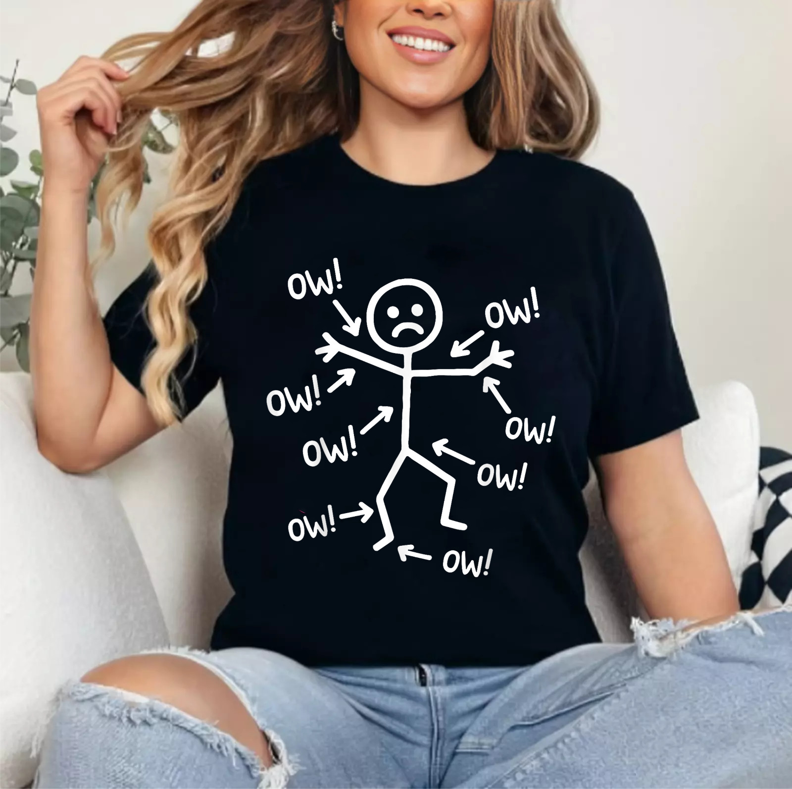 Ow Ow Ow Stick Character Figure Humor Chronic Pain Awareness T-Shirt gallery