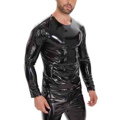 Men Plus Size Shiny Leather T-Shirts Side Zipper Long Sleeve Wetlook Pvc