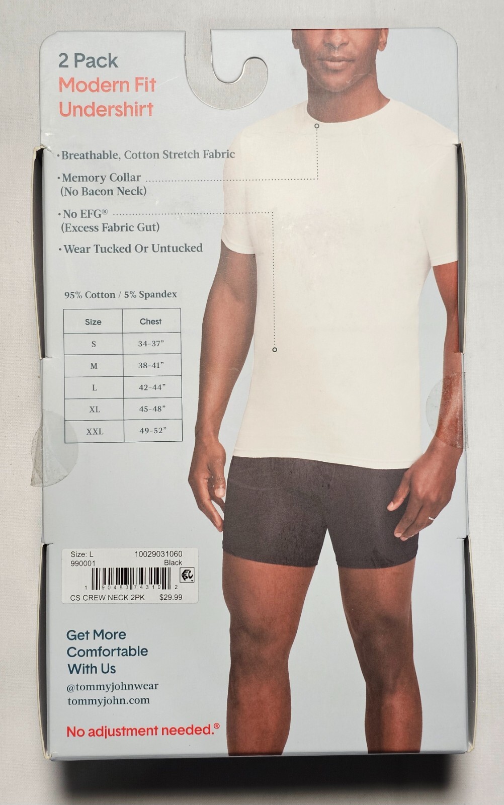 Tommy John Cotton Stretch Modern Fit Undershirt – Large – Black – 2-Pack