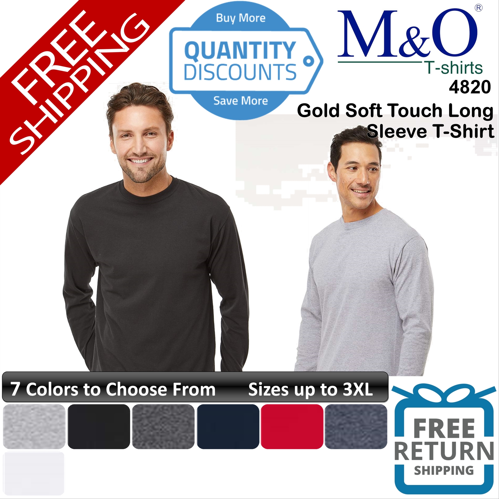 🔥 M&O Men Gold Soft Touch Long Sleeve T-shirt Preshrunk Jersey Up To 3XL 4820
