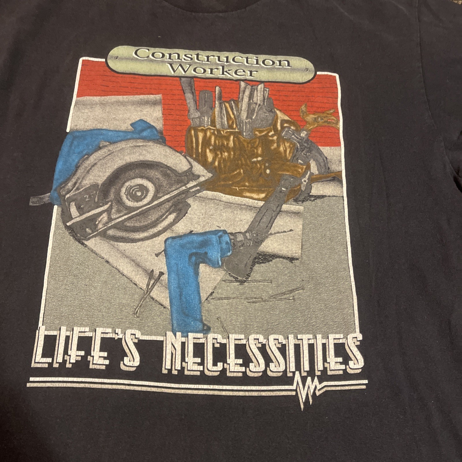 VTG Construction Worker T-Shirt Men's XL Y2K Life's Necessities Tee Black gallery