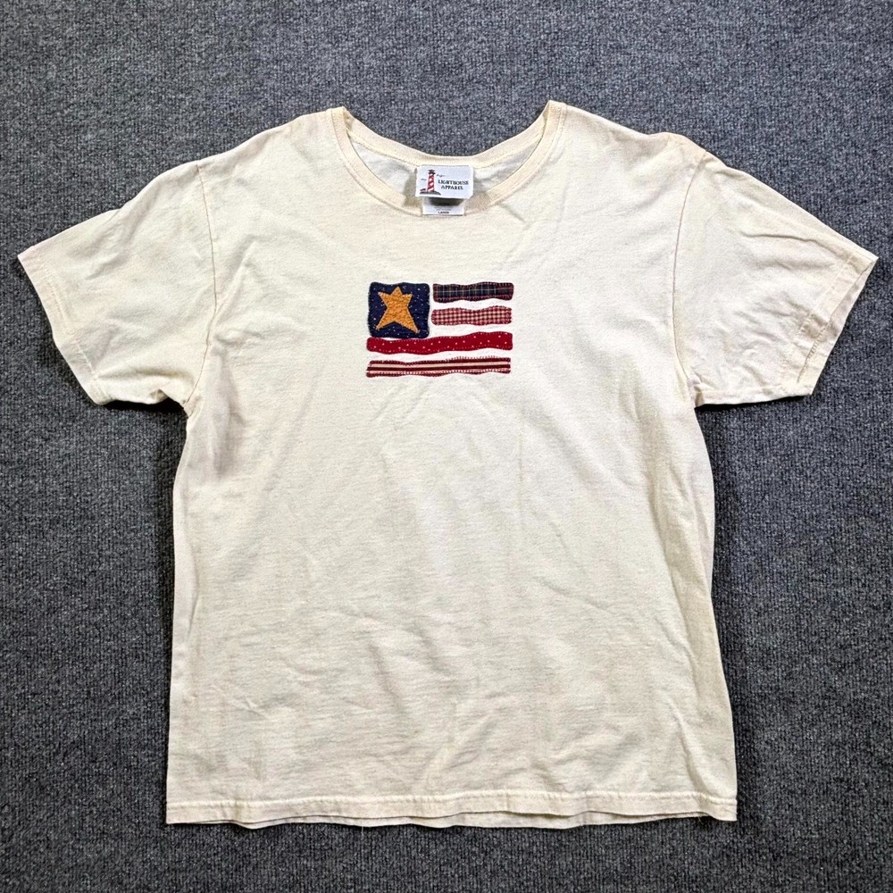 Vintage Lighthouse Apparel Men’s L Beige Cotton American Flag Appliqué USA MADE