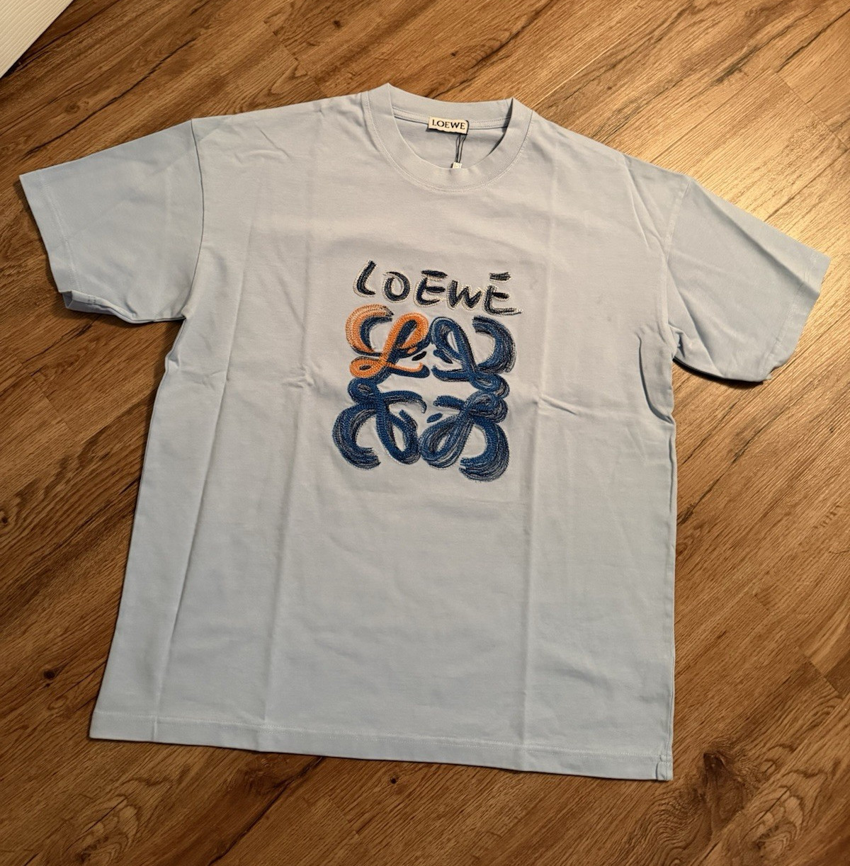 Loewe Men’s Light Blue Embroidered Logo Cotton Short Sleeve T-Shirt Size M