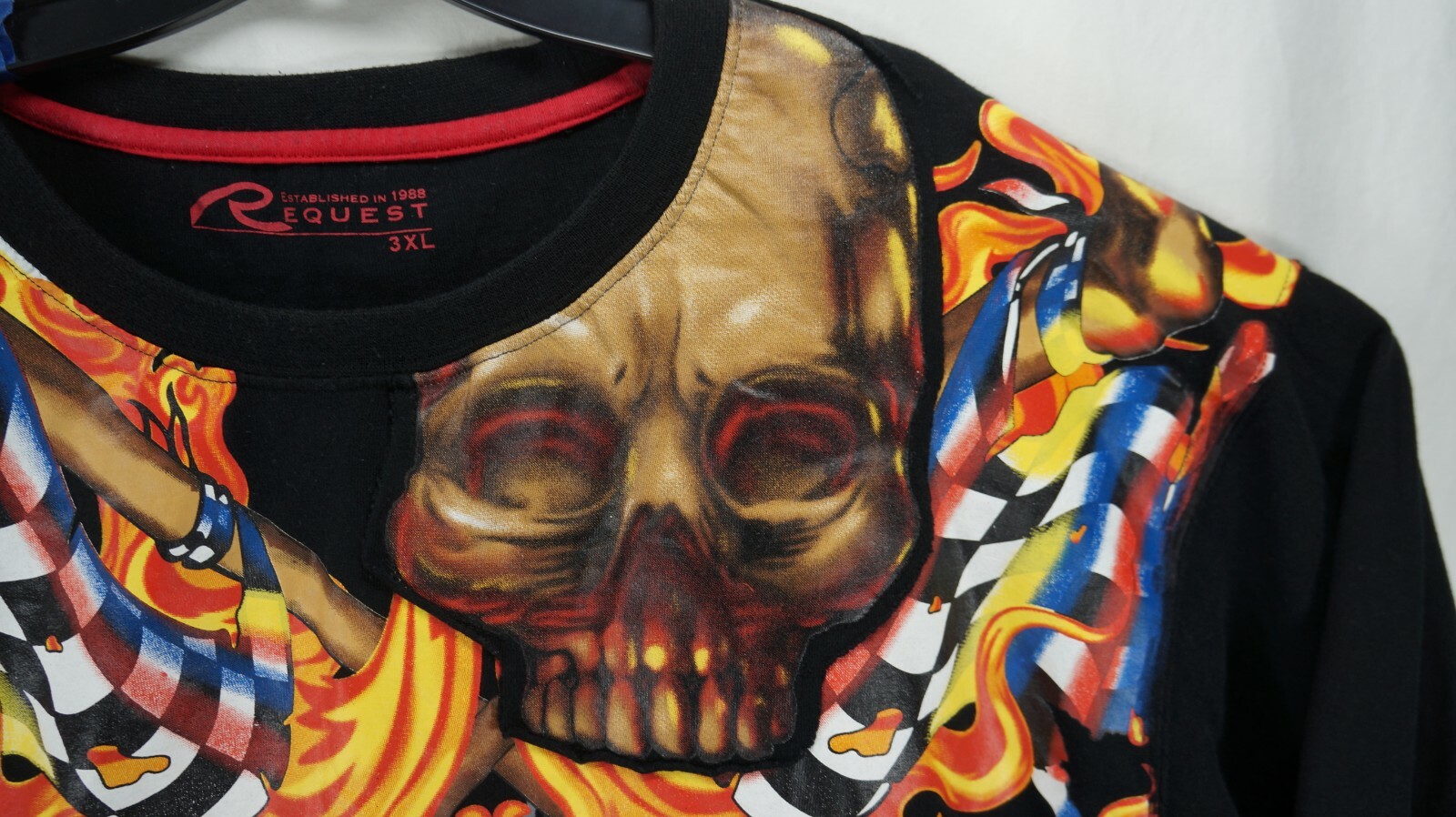 Request Men's Black 3XL Half Evil x 999 Death Race Skull & Flames gallery