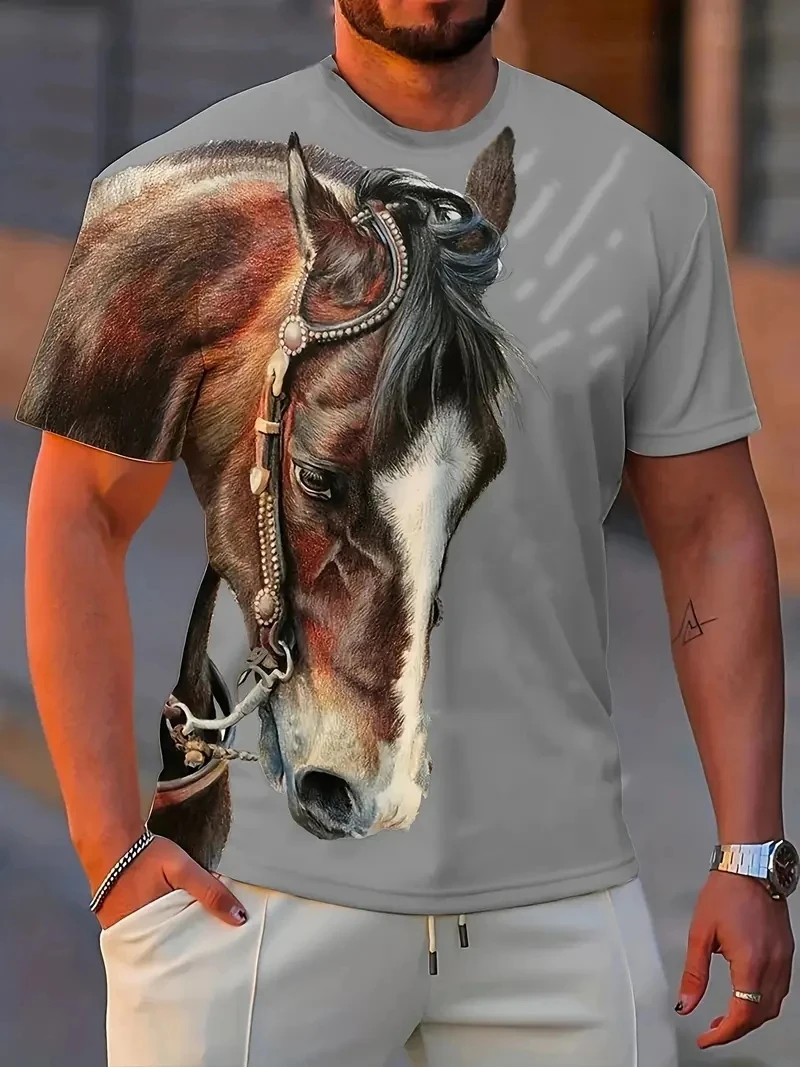 Mens 3D Horse Graphic T-Shirt Short Sleeve Animal Print Streetwear Tee gallery