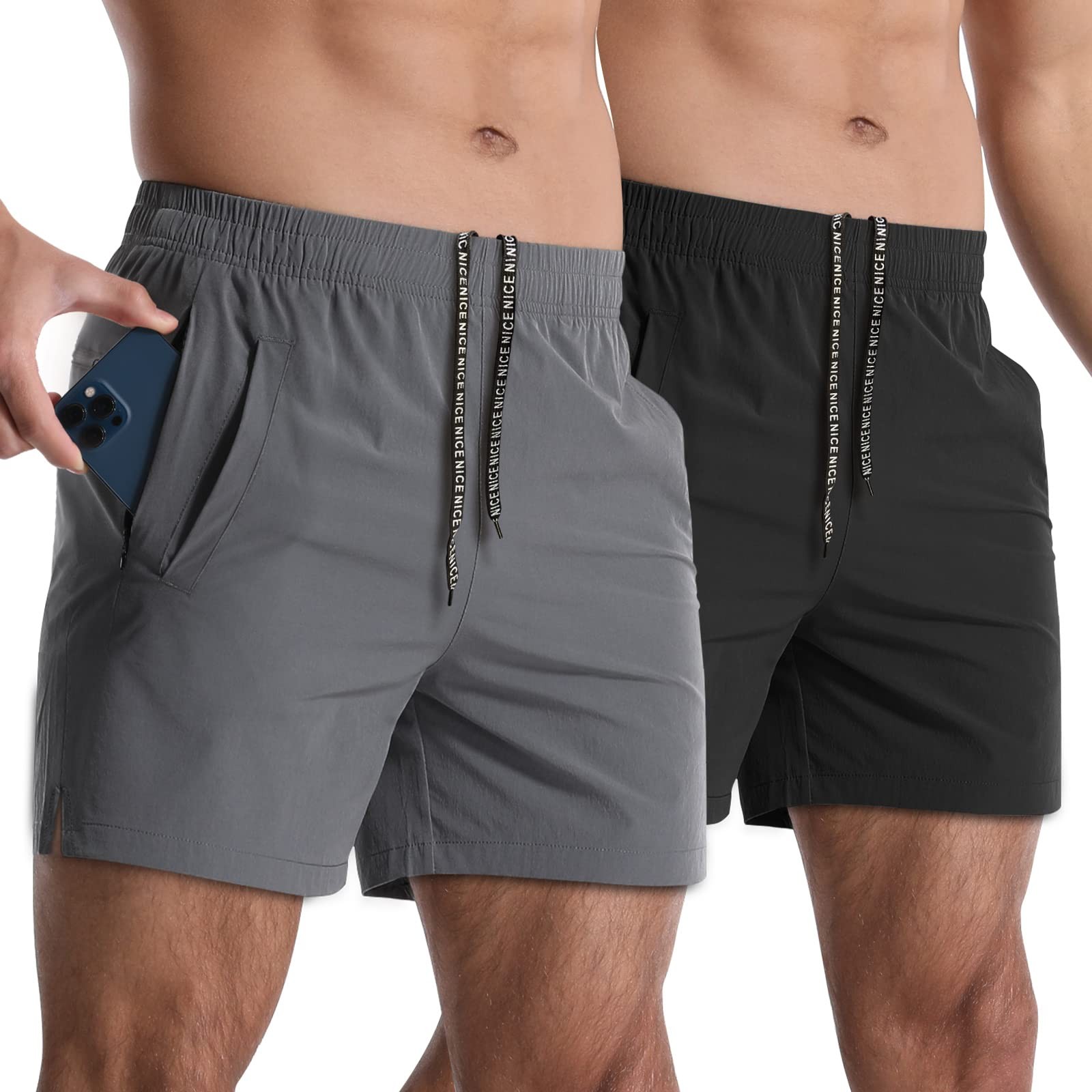 Lempue 2 Pack Workout Gym Shorts for Men 5 Inch Large, Dark Grey+black
