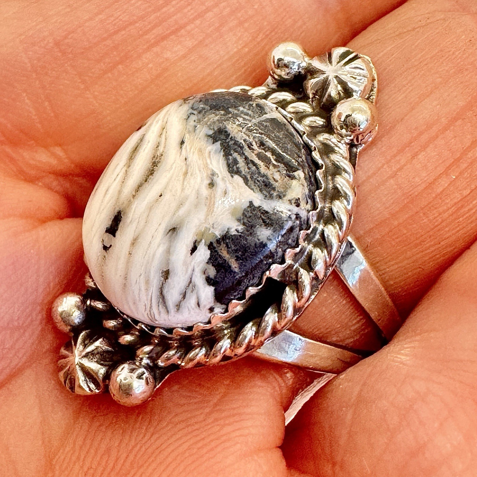 Navajo White Buffalo Turquoise Ring Size 8.5 Sterling Silver Signed R 7.g Native