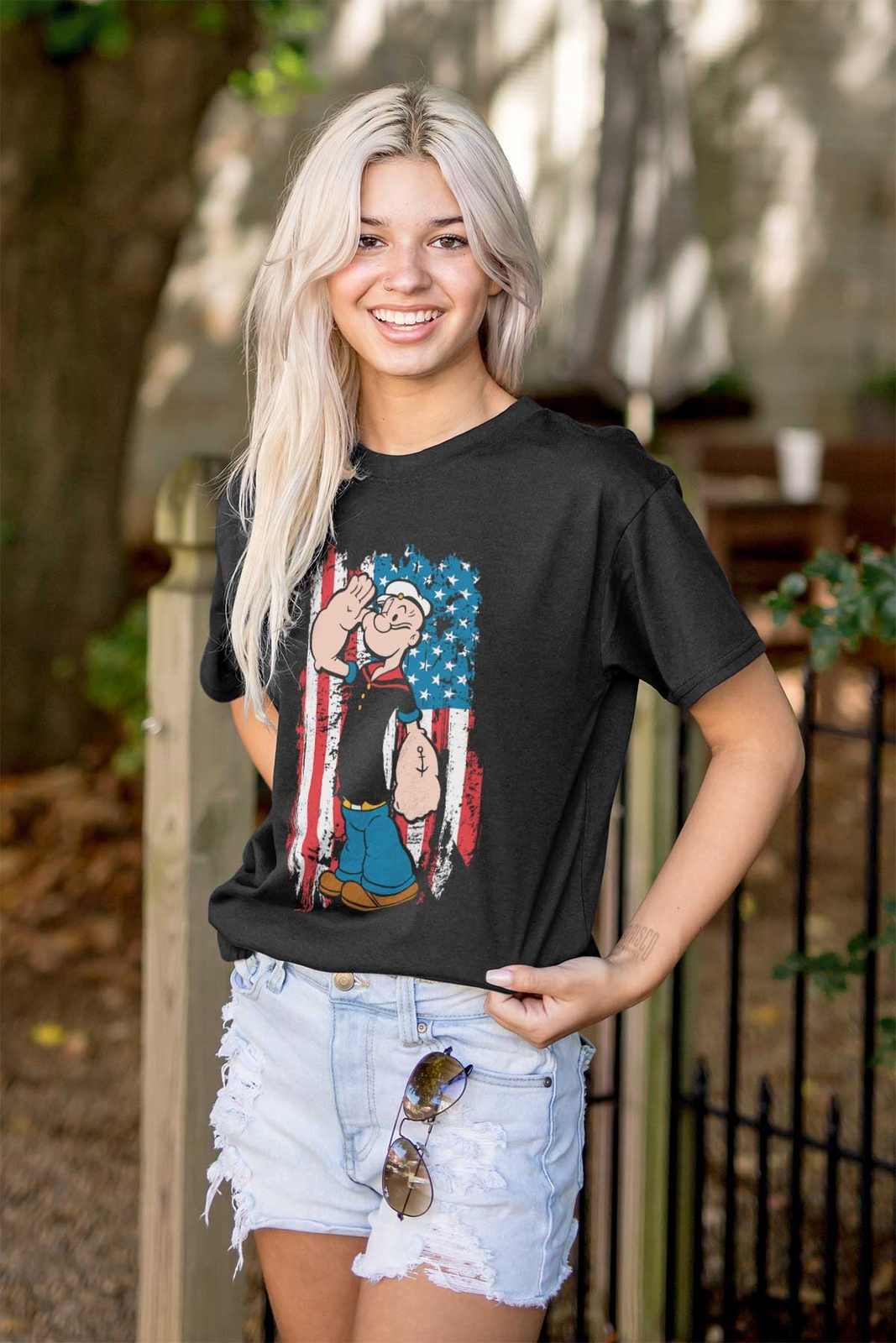 Popeye the Sailor Man Salute American Flag Womens or Mens Crewneck T Shirt Tee gallery