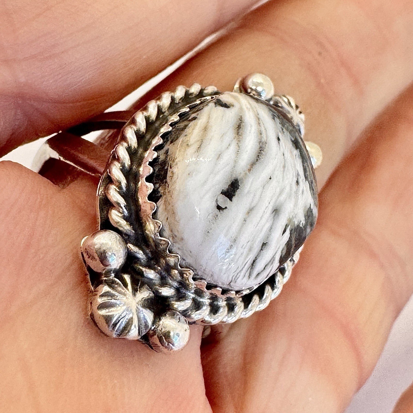 Navajo White Buffalo Turquoise Ring Size 8.5 Sterling Silver Signed R 7.g Native