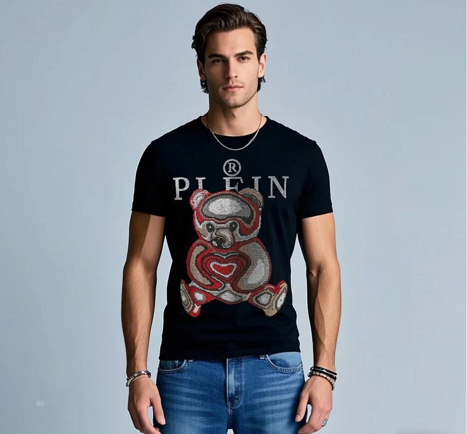 New Fashion Rhinestones Crazy Bear Luxury Men Black White T-Shirt High Quality gallery