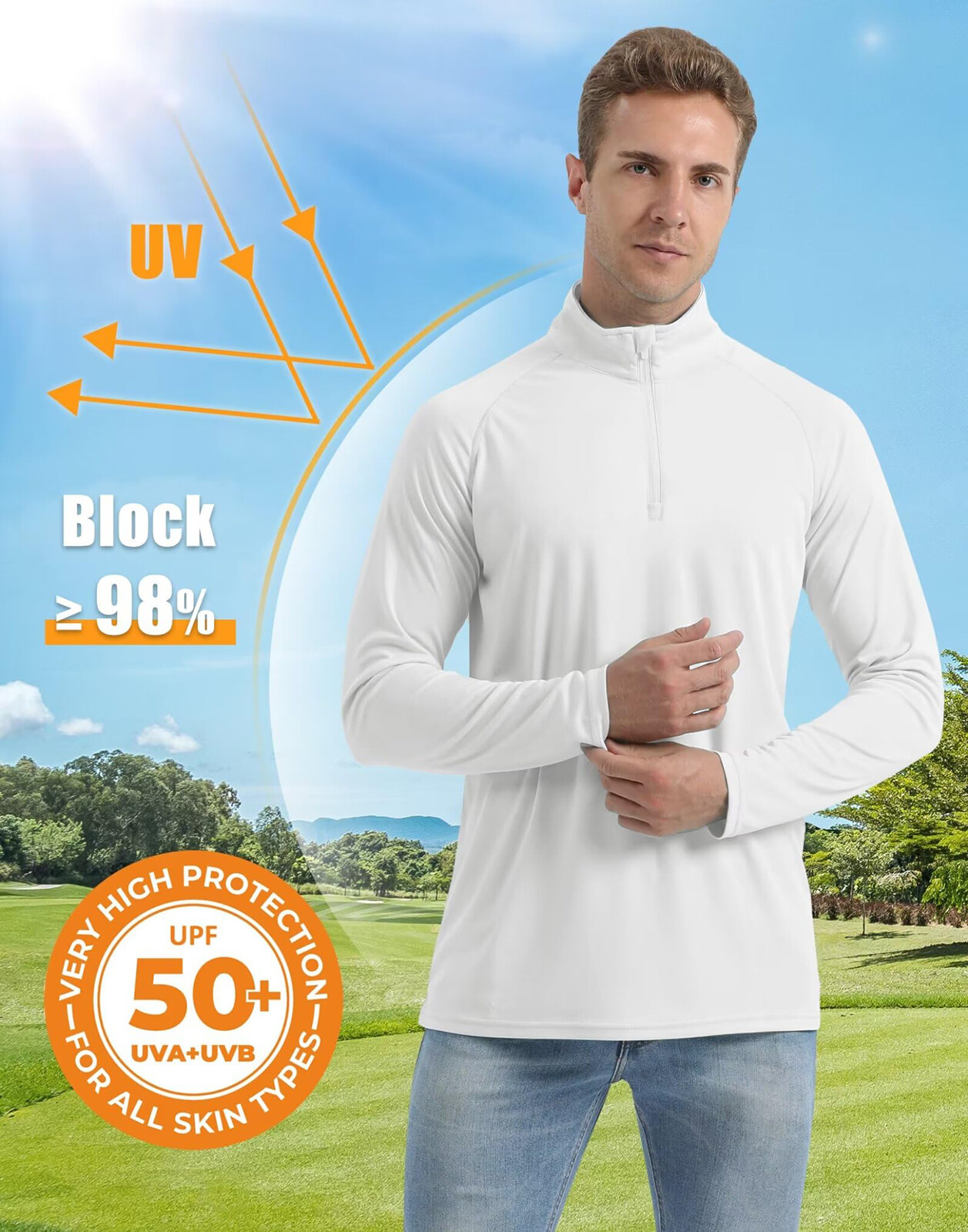 UPF 50+ Mens Long Sleeve T-Shirt 1/4 Zip Sun Shirt Quick Dry Fishing Hiking Tops gallery
