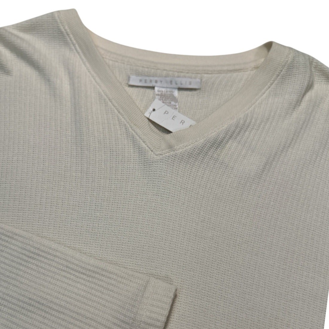 NEW Perry Ellis Portfolio Mens Crew Neck Thermal Long Sleeve Shirt Large Cream