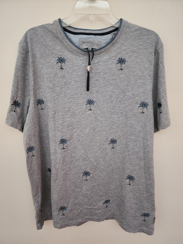 Ted Baker London Embroidered Palm Tree T Shirt 6 NWOT Gray Mens AOP All Over AOP