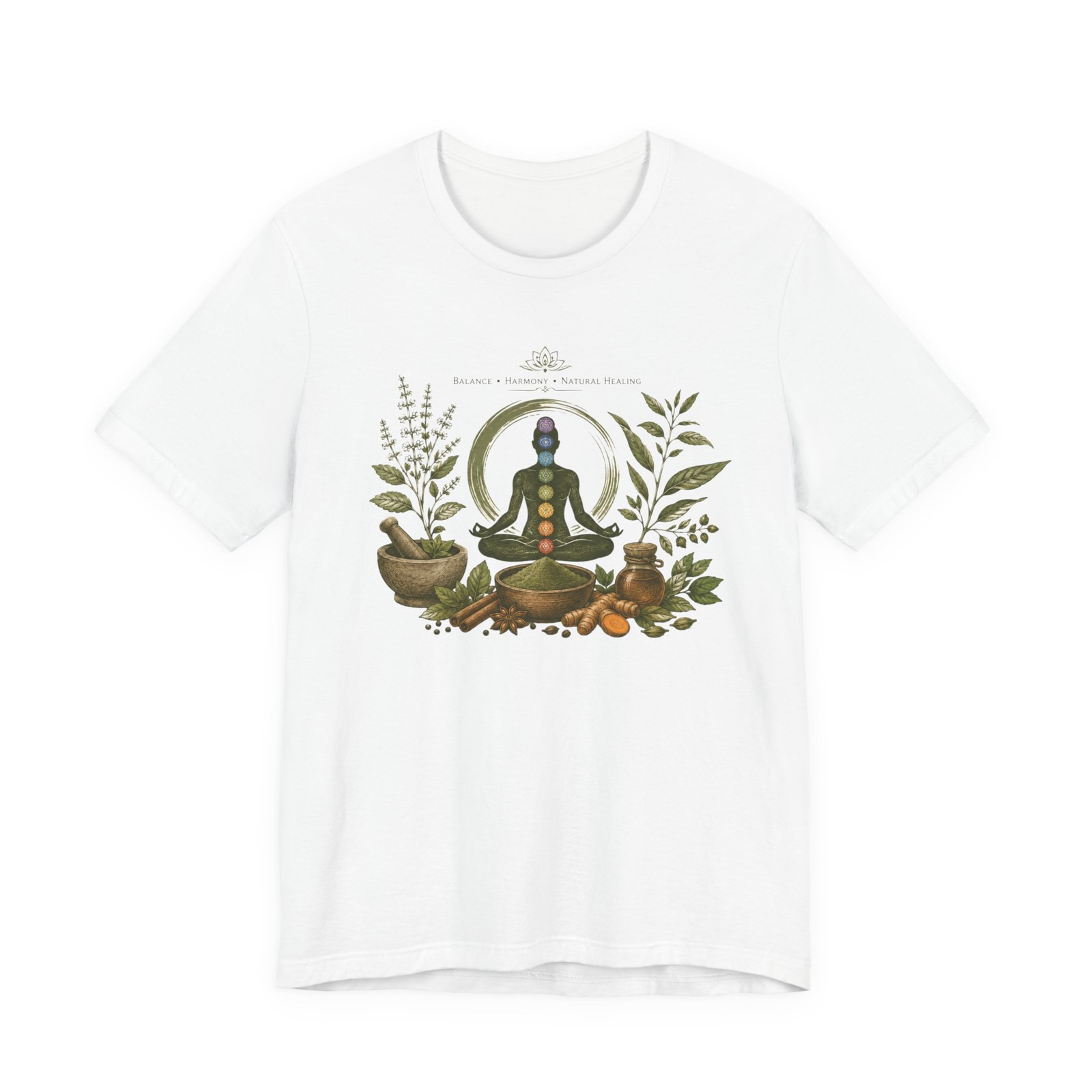Chakra Meditation Illustration Tee | Yoga Pose, Herbs & Bowls gallery