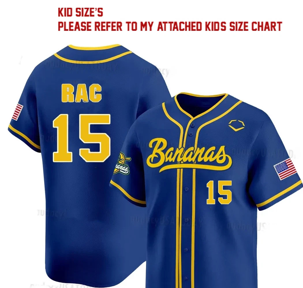 NEW Savannah Bananas #15 Rac Baseball Jersey Kid Shirt Youth Size Toddler gallery