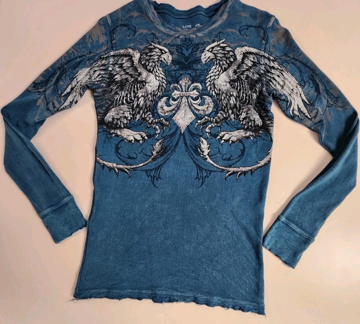 AFFLICTION Men’s Sz L Waffle Thermal Shirt Long Sleeve Distressed AOP gallery