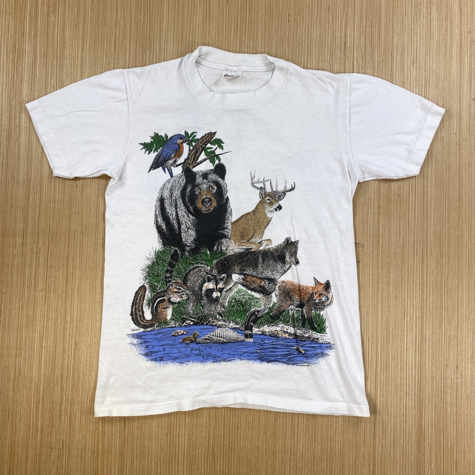 Vintage Stedman Shirt Mens Small 34-36 White Bear Moose Deer Nature Made in USA