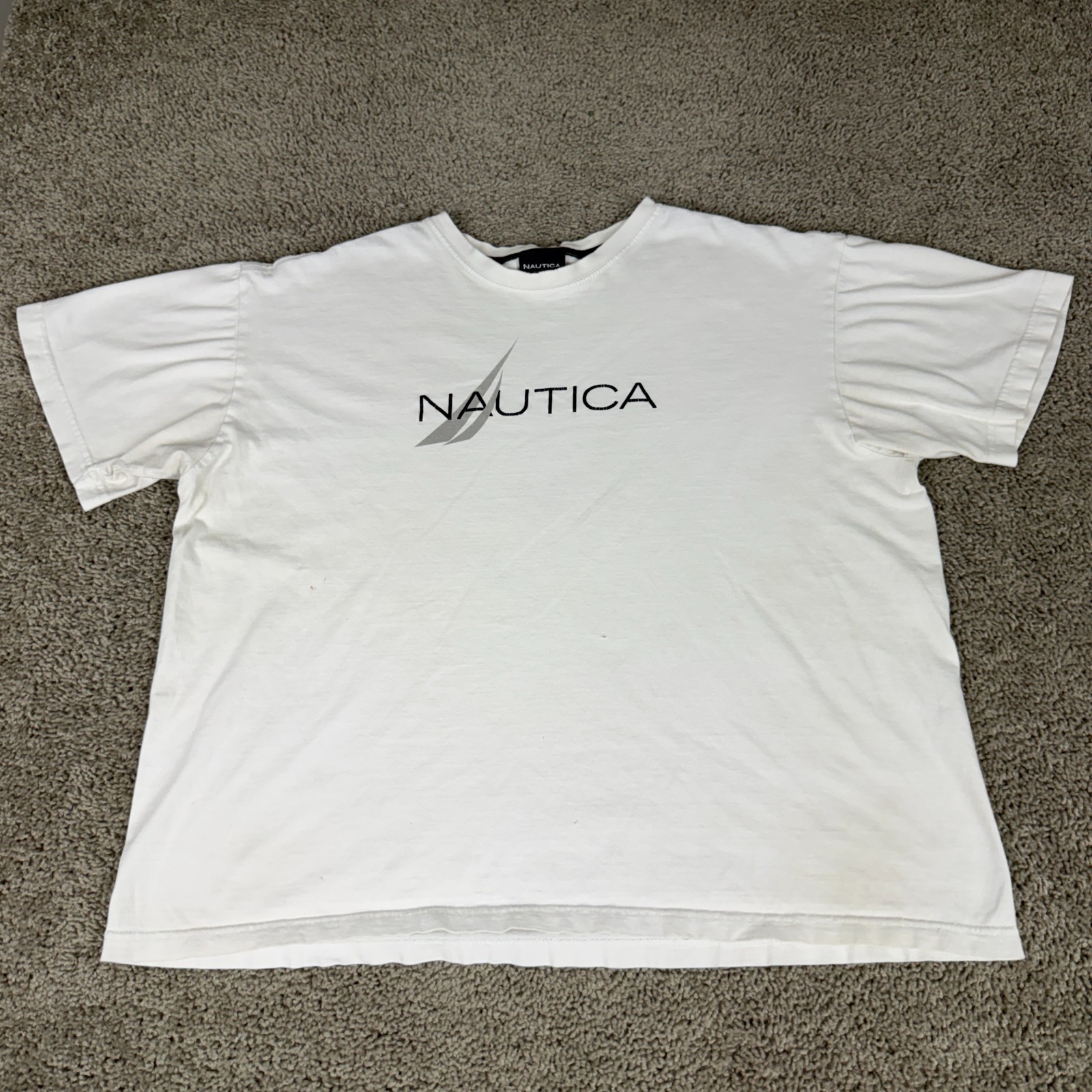 Nautica Shirt Mens Large White Blue Spell Out Logo Short Sleeve Cotton READ gallery