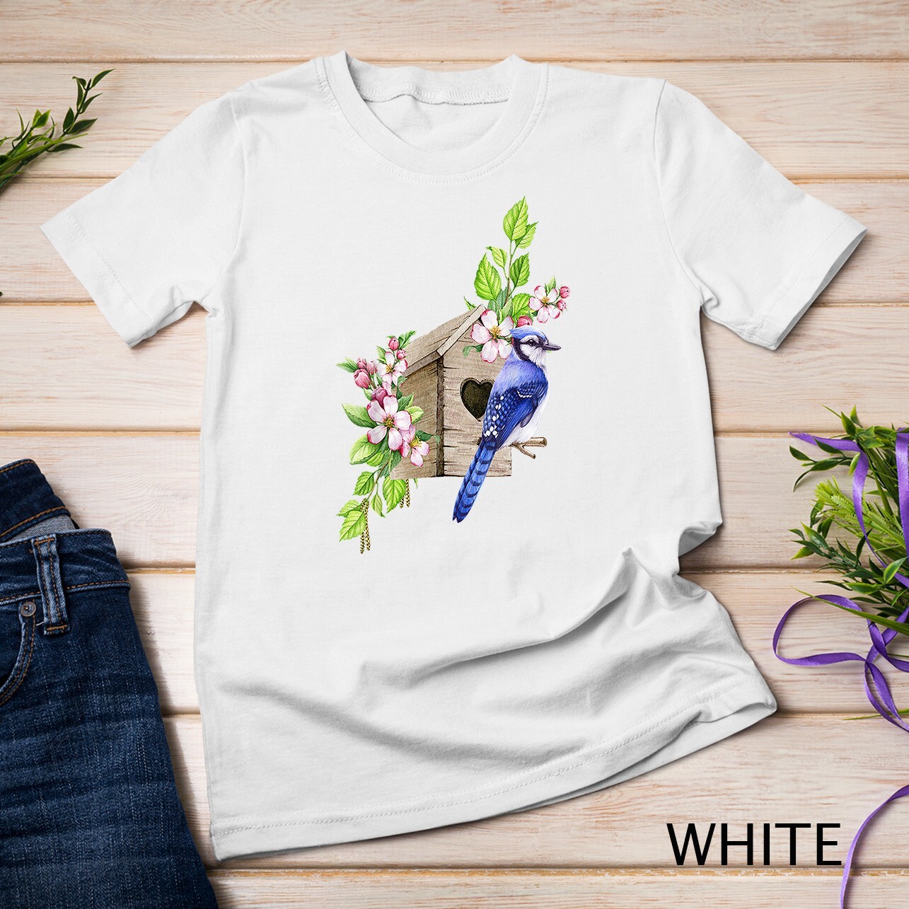 Blue Jay Bird – Birdhouse and Pink Blossoms – Bird Watching Unisex T-shirt