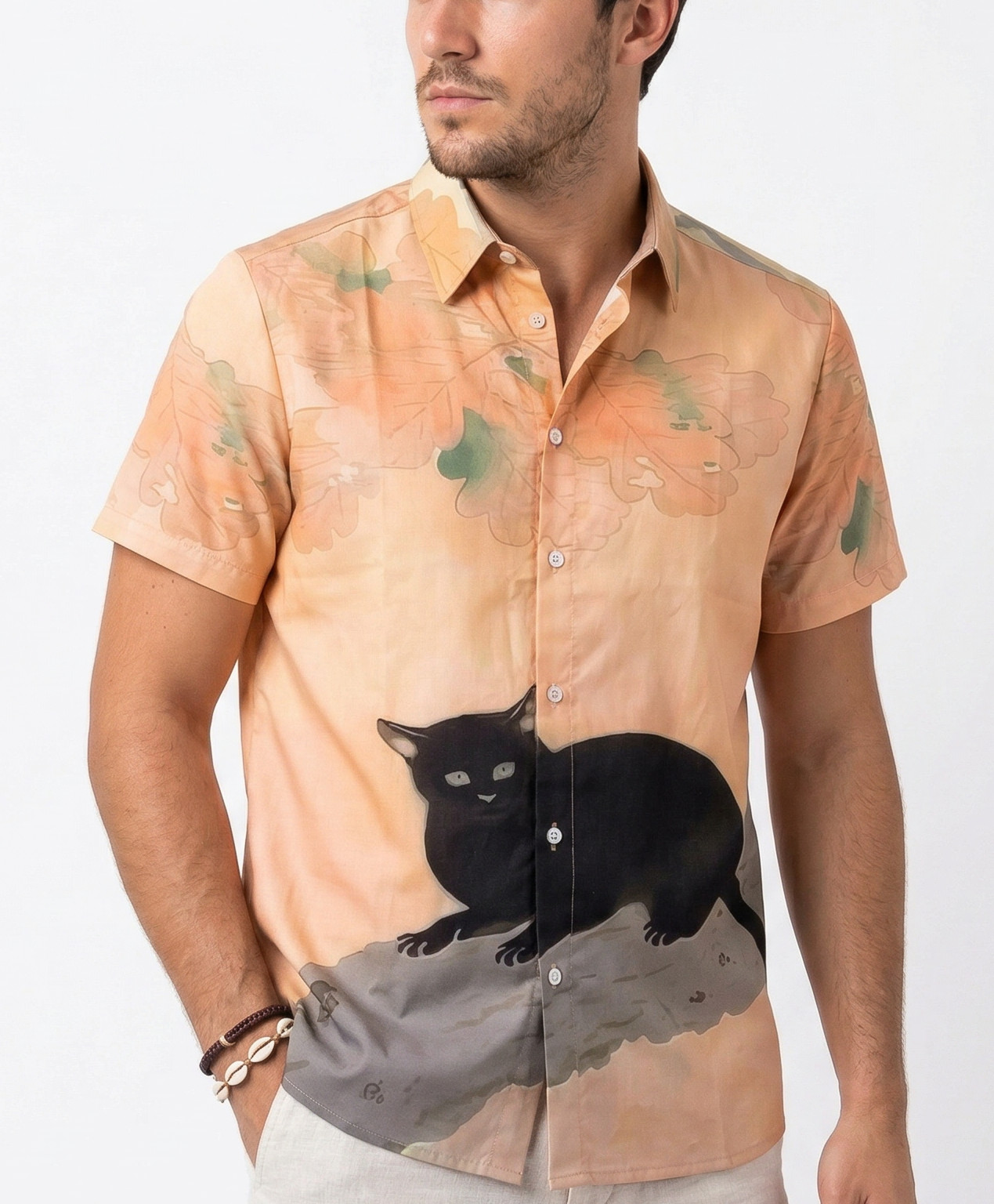 Japanese Vintage Short-Sleeve Shirt Black Cat by Hishida Shunsō No-Iron SMLXL2XL