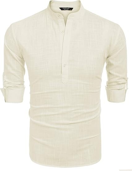 COOFANDY Men's Cotton Linen Henley T-Shirt Long Sleeve Hippie Casual Beach Beige gallery