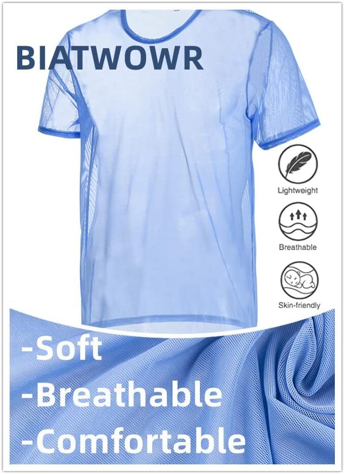 Zonbailon Mens Tops Undershirts Shirts Short Mesh Sleeve See Through T-Shirt gallery