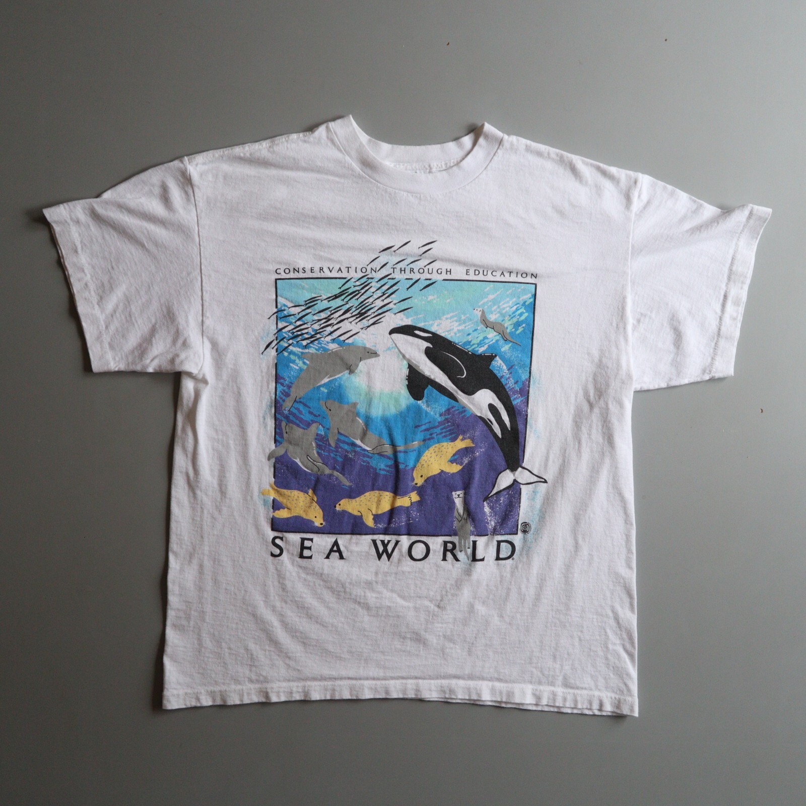 Vintage Sea World T Shirt Killer Whale 90s White Mens XL Boxy Fit