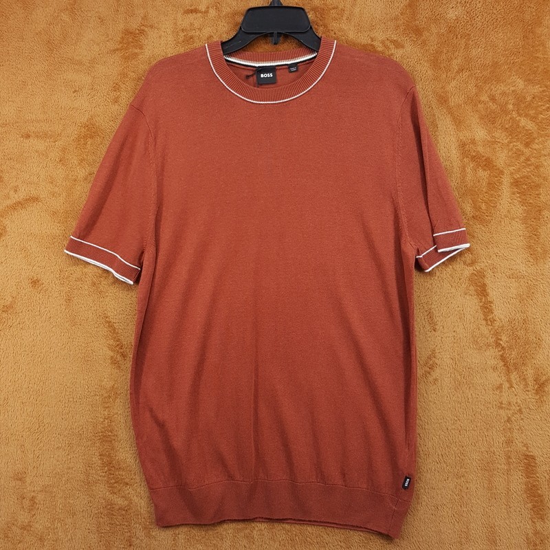 HUGO BOSS Shirt Mens Large Burnt Orange Pullover Crew Linen Knit JIOVANOTTO $198